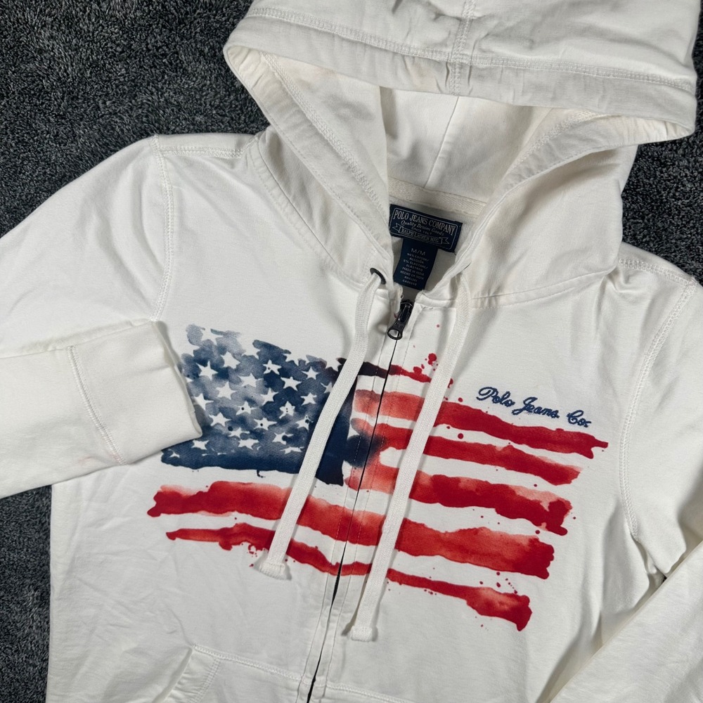 Polo Jeans Co Hoodie Womens M White American Flag Full Zip Ralph Lauren Graphic